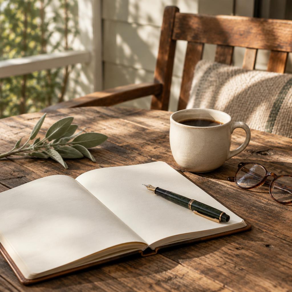 An open notebook, coffee and reading glasses on a sunlit porch table